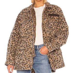 Free People Jacket Women XS Tan Military Field Animal Leopard Print Zip Button